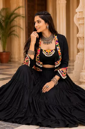 Black Navratri Rayon Lehenga Choli with Jacket Set