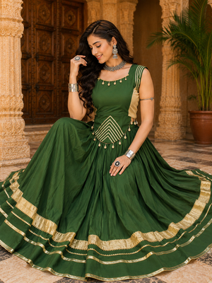 Green Navratri Rayon Lehenga Choli Set with Designer Panel Work 3