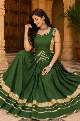 Green Navratri Rayon Lehenga Choli Set with Designer Panel Work