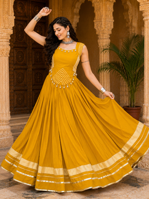 Yellow Navratri Rayon Lehenga Choli Set with Designer Panel Work 2