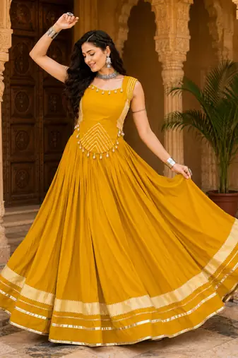 Yellow Navratri Rayon Lehenga Choli Set with Designer Panel Work