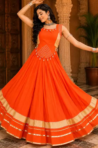 Orange Navratri Rayon Lehenga Choli Set with Designer Panel Work