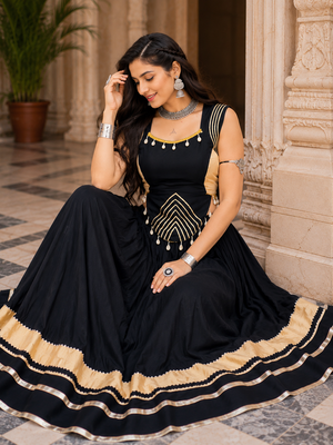 Black Navratri Rayon Lehenga Choli Set with Designer Panel Work 3