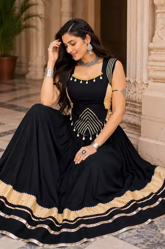 Black Navratri Rayon Lehenga Choli Set with Designer Panel Work