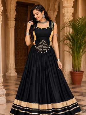 Black Navratri Rayon Lehenga Choli Set with Designer Panel Work 4