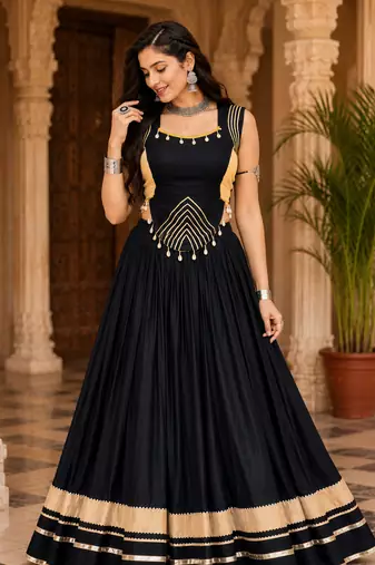Black Navratri Rayon Lehenga Choli Set with Designer Panel Work