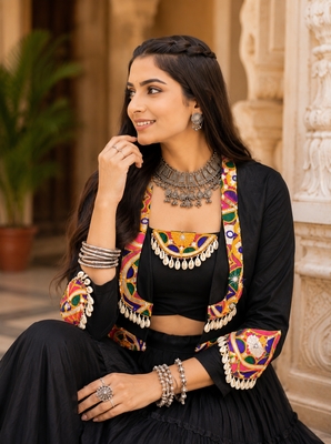 Black Navratri Rayon Lehenga Choli with Jacket Set 3