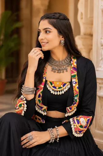 Black Navratri Rayon Lehenga Choli with Jacket Set