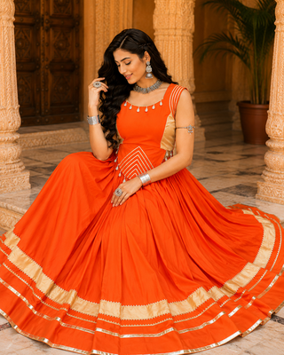 Orange Navratri Rayon Lehenga Choli Set with Designer Panel Work 3