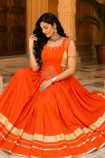 Orange Navratri Rayon Lehenga Choli Set with Designer Panel Work