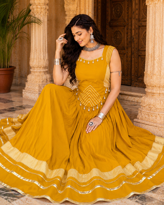 Yellow Navratri Rayon Lehenga Choli Set with Designer Panel Work 3