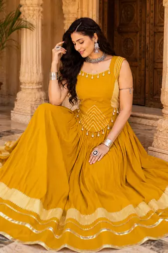 Yellow Navratri Rayon Lehenga Choli Set with Designer Panel Work