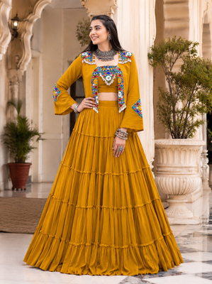 Mustard Navratri Rayon Lehenga Choli with Jacket Set 1