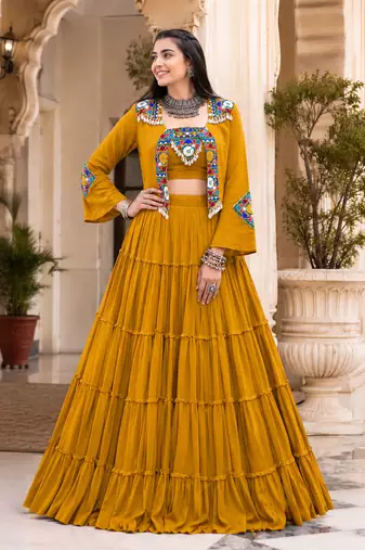Mustard Navratri Rayon Lehenga Choli with Jacket Set