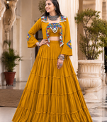 Mustard Navratri Rayon Lehenga Choli with Jacket Set