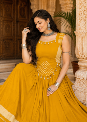 Yellow Navratri Rayon Lehenga Choli Set with Designer Panel Work 4