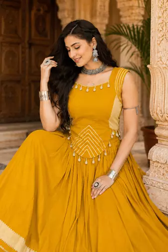Yellow Navratri Rayon Lehenga Choli Set with Designer Panel Work