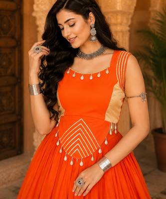 Orange Navratri Rayon Lehenga Choli Set with Designer Panel Work 4