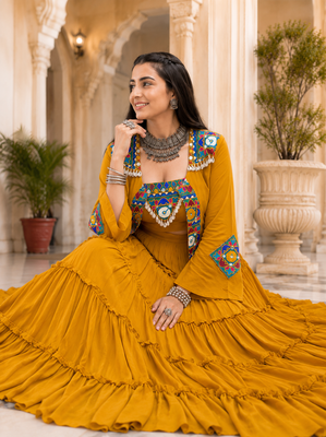 Mustard Navratri Rayon Lehenga Choli with Jacket Set 2