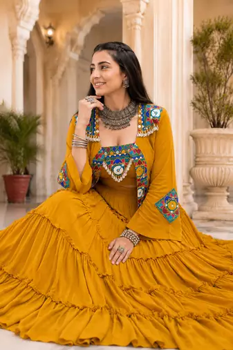 Mustard Navratri Rayon Lehenga Choli with Jacket Set