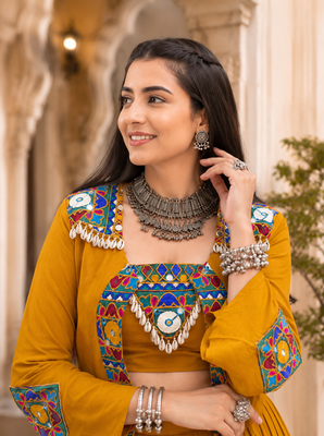 Mustard Navratri Rayon Lehenga Choli with Jacket Set 3