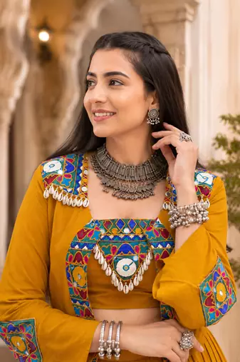 Mustard Navratri Rayon Lehenga Choli with Jacket Set