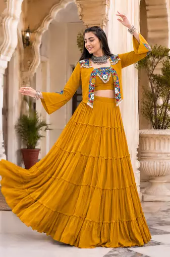 Mustard Navratri Rayon Lehenga Choli with Jacket Set