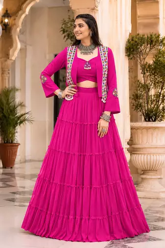 Rani Pink Navratri Rayon Lehenga Choli with Jacket Set