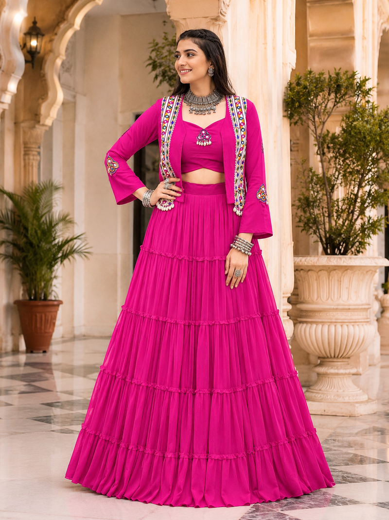 Rani Pink Navratri Rayon Lehenga Choli with Jacket Set