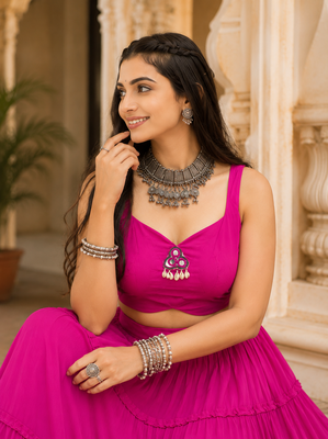 Rani Pink Navratri Rayon Lehenga Choli with Jacket Set 2