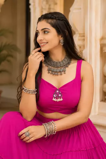 Rani Pink Navratri Rayon Lehenga Choli with Jacket Set