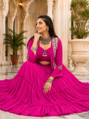 Rani Pink Navratri Rayon Lehenga Choli with Jacket Set 3