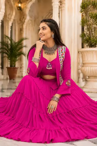 Rani Pink Navratri Rayon Lehenga Choli with Jacket Set