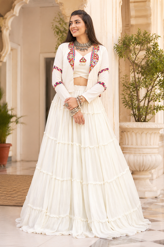 White Navratri Rayon Lehenga Choli with Jacket Set