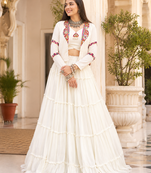 White Navratri Rayon Lehenga Choli with Jacket Set
