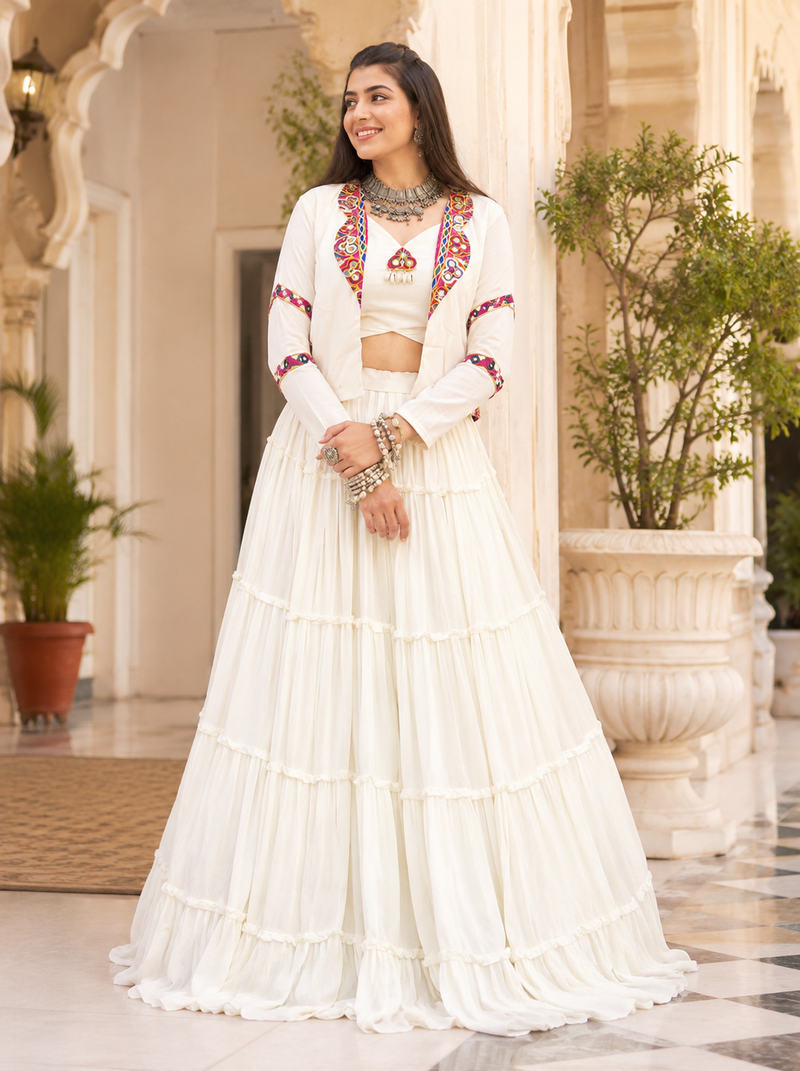 White Navratri Rayon Lehenga Choli with Jacket Set