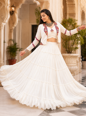 White Navratri Rayon Lehenga Choli with Jacket Set 2