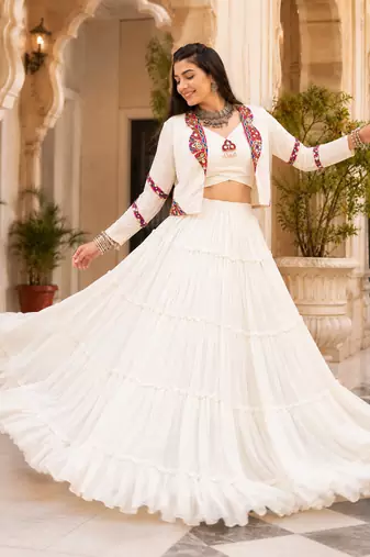 White Navratri Rayon Lehenga Choli with Jacket Set