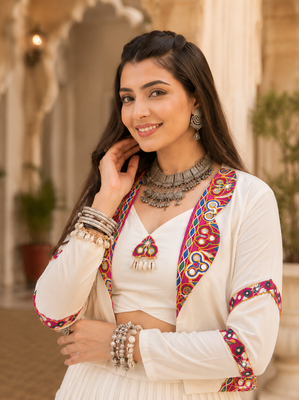 White Navratri Rayon Lehenga Choli with Jacket Set 3