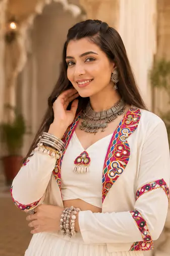 White Navratri Rayon Lehenga Choli with Jacket Set