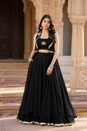Black Navratri Lehenga Choli with Long Jacket