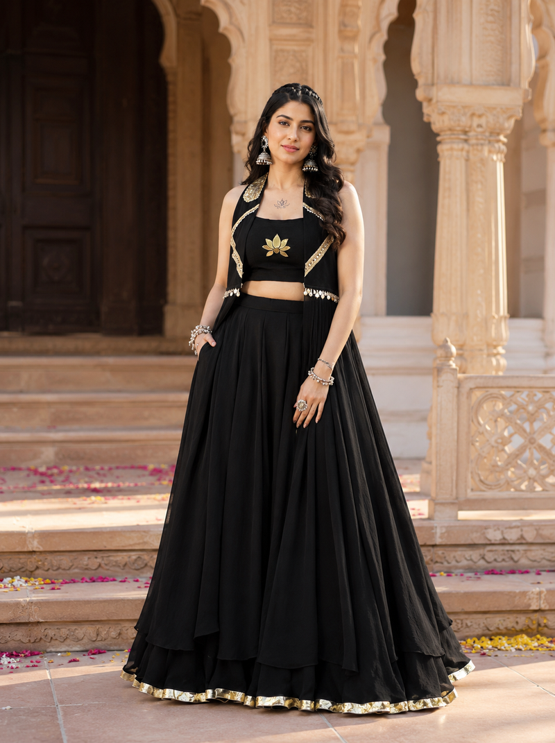 Black Navratri Lehenga Choli with Long Jacket