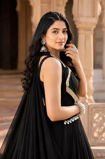 Black Navratri Lehenga Choli with Long Jacket