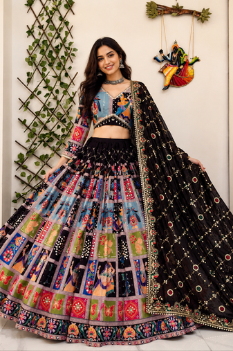 Multicolor Muslin Cotton Navratri Chaniya Choli Set with Mirror Work
