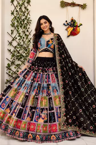 Multicolor Muslin Cotton Navratri Chaniya Choli Set with Mirror Work