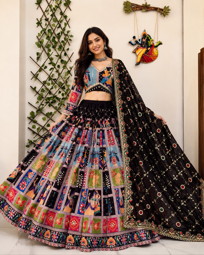 Multicolor Muslin Cotton Navratri Chaniya Choli Set with Mirror Work