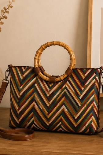 lines & loops tan jacquard chevron handheld bag