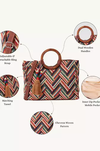  lines & loops tan jacquard chevron handheld bag