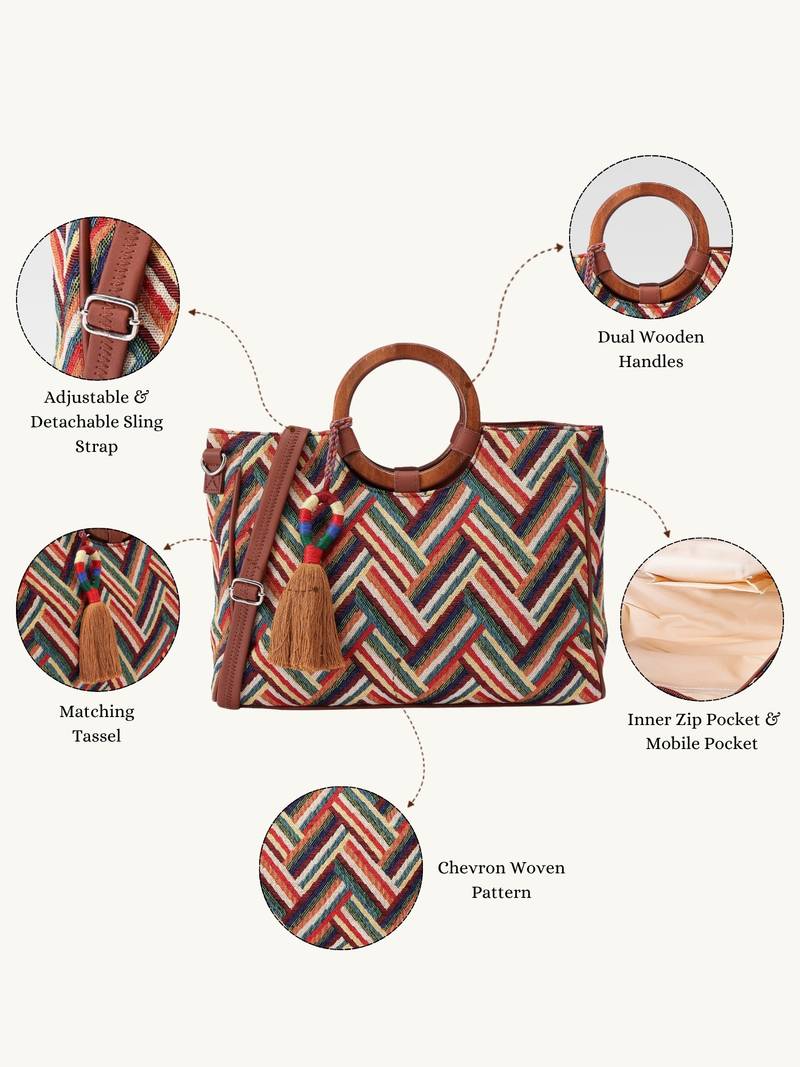  lines & loops tan jacquard chevron handheld bag