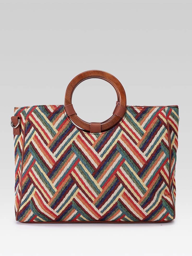  lines & loops tan jacquard chevron handheld bag